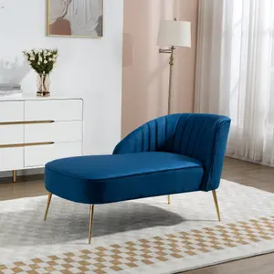 Vieste 130cm Wide Blue Velvet Fabric Shell Back Chaise Lounge Sofa with Golden Coloured Legs