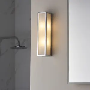 Bathroom Wall Light Fitting - Chrome Plate & Frosted Glass Shade - Twin Lamp