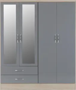 Nevada 4 Door 2 Drawer Mirrored Wardrobe in Grey Gloss and Oak Effect Finish