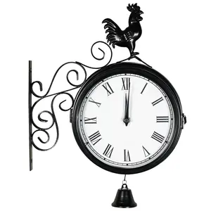 Vintage Outdoor Double Sided Station Clock 20cm with Metal Cockerel Rooster Chicken