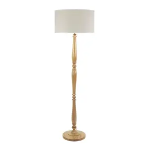 ValueLights Victoria Light Wood Candlestick Floor Lamp with Linen White Trim Drum Shade