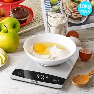 Duronic KS1009 Digital Kitchen Scale, 10kg, Glass Platform with LCD Backlit Display, Tare Function, 1g Precision - Silver