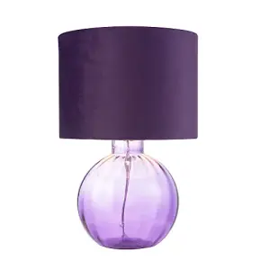 Contemporary Deep Purple Ribbed Glass Table Lamp with Soft Velvet Fabric Shade