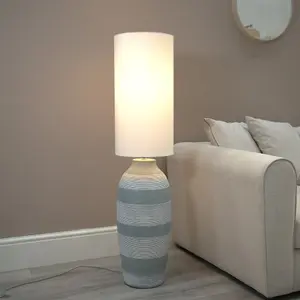 ValueLights Deegan Grey Cement Effect Ceramic Midi Floor Lamp with Natural Cream Cylinder Shade - LED Bulb Included