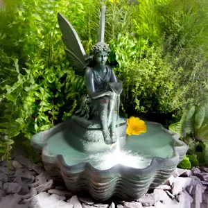 Primrose Fairy on Clam Shell Programmable Solar Powered Garden Water Feature Fountain with LED Lights H30cm