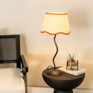 ValueLights Wiggle Black Metal Stem Table Lamp with Linen Scallop Rust Trim Tapered Lamp Shade and LED Bulb