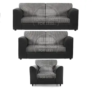 Luxor Jumbo Cord 3 + 2 + 1 Fabric 3 Piece Sofa Suite - Fullback Black and Grey