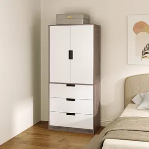 HOMCOM 2 Door Wardrobe Brown Wardrobe with 3 Drawer and Hanging Rod Brown