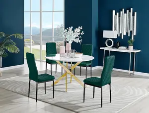 Furniturebox UK Novara White Gloss Gold Leg 120cm Round Dining Table & 4 Green Velvet Milan Black Leg Chairs