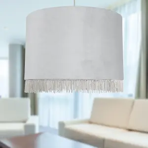 First Choice Lighting Fringed Silvery Grey 38cm Fringed Velvet Pendant Shade