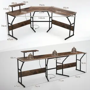 COSTWAY L-shaped Desk Long 2-Person Corner Computer Desk w/ Monitor Stand