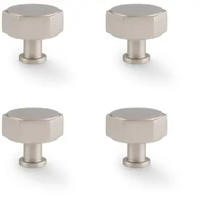 4 PACK - Industrial Hex Cabinet Door Knob - 40mm Satin Nickel Cupboard Pull Handle