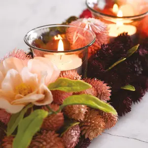 Strawflower Dual Tealight Holder for Real or LED Candles - Candleholder with Helichrysums, Artificial Roses, Leaves & Seed Heads