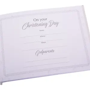 Beautiful White Satin Fabric Christening Guest Book with Silver Metal Cross