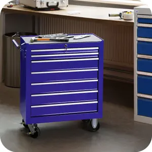 Tool Box - with wheels, 7 drawers, central locking system - blue