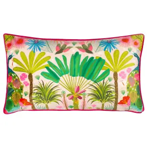 Kate Merritt Tropical Peacock Illustrated Velvet Piped Feather Filled Cushion