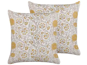 Set of 2 Cushions CALATHEA Cotton 45 x 45 cm Floral Block-Printing Yellow