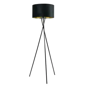 ValueLights Camden Gloss Black Tripod Floor Lamp with Black Velvet and Metallic Gold Inner Shade and LED Bulb