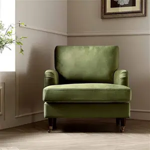 Brigette Olive Green Velvet Armchair With Antique Brass Castor Legs - Daals - Armchairs