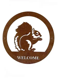 Squirrel Large Wall Art - With Text - Steel - W49.5 x H49.5 cm - Bare Metal/Ready to Rust