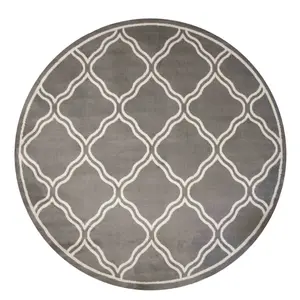 Grey Bordered Geometric Trellis Round Rug 160x160cm