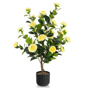 Costway Artificial Camellia Tree Faux Flower Plant Pot Artificial Tree 24 Yellow Flowers