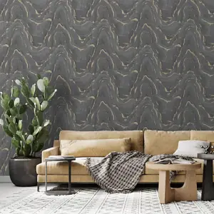 Muriva Woodgrain Marble Charcoal & Gold Metallic Luxury Wallpaper 199503