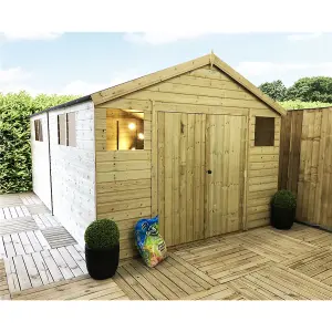 14 x 12 Pressure Treated T&G Wooden Apex Garden Shed / Workshop + 6 Windows + Double Doors (14' x 12' / 14ft x 12ft) (14x12)