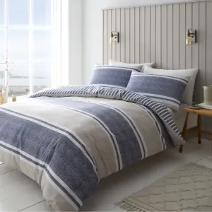 Catherine Lansfield Bedding Textured Banded Stripe Duvet Cover Set with Pillowcase Blue