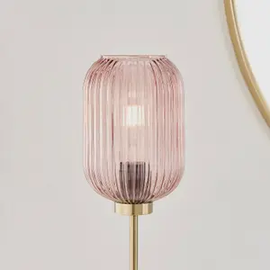 Furniturebox UK Coral Table Lamp With Pink Glass Shade and with a Brass Base