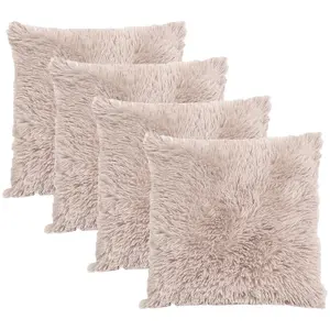 Sienna Fluffy 4 x Cushion Covers Soft Shaggy, 18"x 18" - Natural Brown