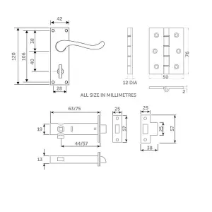 Z206 Privacy Door Handle Packs, Brass, 75mm Latch & Hinges - Handlestore