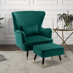 Velvet Emerald Green Camila Accent Wingback Chair with Footstool