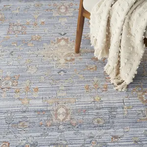 Blue Ivory Floral Kilim Bordered Traditional Rug For Dining Room Bedroom & Living Room-160cm X 229cm