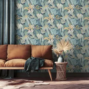 Muriva Blue Tropical Water coloured effect Embossed Wallpaper