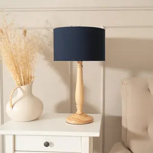 ValueLights Victoria Traditional Light Wood Candlestick Table Lamp with Navy Blue Drum Shade - LED Bulb Included