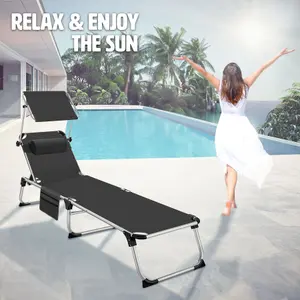 Sun Lounger Aurelie - foldable with headrest, 6 position backrest - black