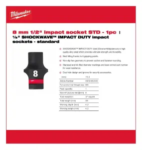 Milwaukee - 8 mm 1/2" Impact Socket - Standard - 1 Piece