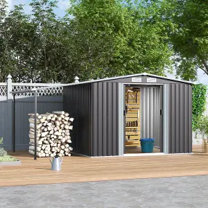 248cm W x 207cm D x 178cm H Dark Grey Metal Shed with 2 Door Garden Storage Shed with Awning