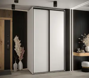 Elegant White Sliding Door Wardrobe H2050mm W1300mm D600mm with Black Steel Handles and Decorative Strips