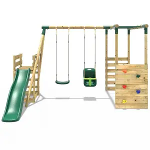 Rebo Wooden Children's Swing Set with Monkey Bars plus Deck & 6ft Slide - Double Swing - Luna Green