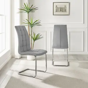 Set of 2 Murano Elephant Grey Deep Padded High Back Soft Touch Faux Leather Chrome Cantilever Leg Dining Chairs