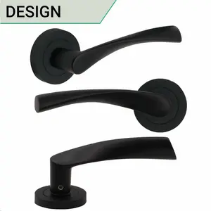 EAI - Black Door Handles Swept Lever on Rose Latch Kit / Pack - 78mm Latch - 76mm Hinges - Matt Black