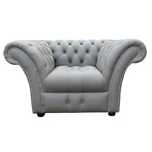 Chesterfield Club Chair Buttoned Seat Shelly Silver Grey Real Leather In Balmoral Style