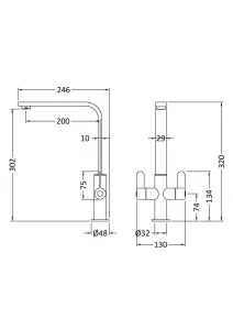 Kitchen Mono Mixer Tap with 2 Lever Handles, 302mm - Brushed Brass