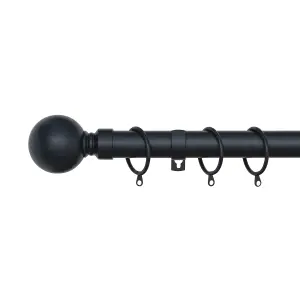 A.Unique Home Plain Round Ball Metal Extendable Curtain Pole with Rings and Fittings (25/28mm) - Matte Black, 180cm - 340cm Approx