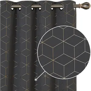 Deconovo Blackout Curtains, Eyelet Dark Grey Curtains, Gold Diamond Printed Thermal Curtains for Bedroom, 46 x 54 Inch, One Pair