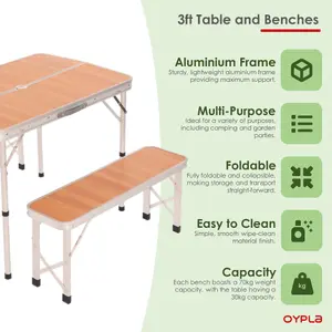 Oypla 3ft Folding Outdoor Camping Kitchen Wood Effect Work Top Table and Benches