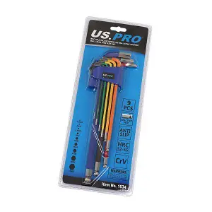 US PRO Tools 9PC Multicoloured Extra Long Metric Ball End Hex Key Set 1.5 - 10mm 1634