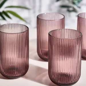 Set of 12 Vintage Luxury Pink Ribbed Tall Drinking Glass Whisky Glass Tumbers 420ml